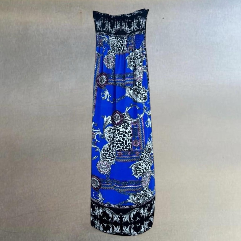 S/M Blue Patterned Strapless Maxi Dress